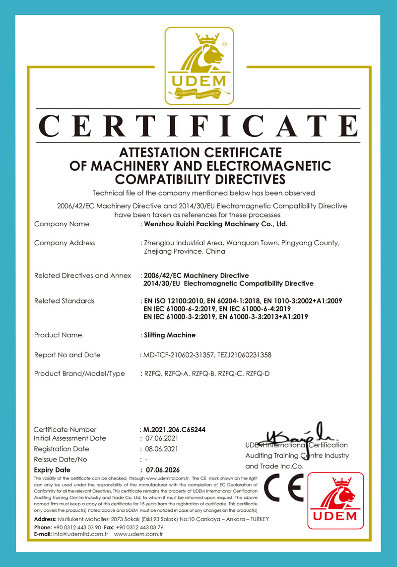 Certificado de máquina de corte longitudinal